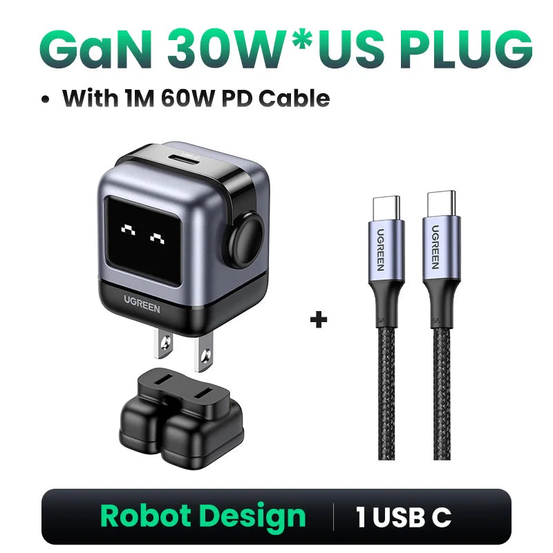 【US-Stecker】UGREEN 65W 30W GaN-Ladegerät im Roboter-Design mit PD3.0-Schnellladefunktion, QC4.0, 3.0 und PPS für iPhone 17, 16, 15 Pro, MacBook, Laptop und Tablet