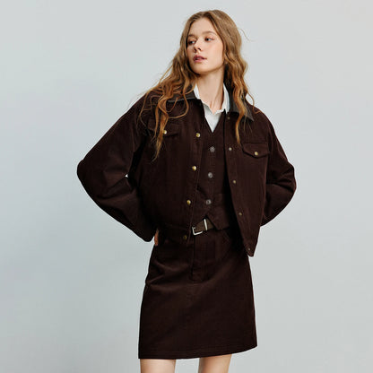TOYOUTH Women Jacket 2025 Autumn New Collection Lulu style Retro Corduroy Splicing Collar Loose Short Coat