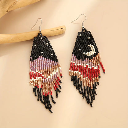 Bohemian Asymmetric Earrings, Star Moon Scenery Tassel Earrings, Handmade Beaded Earrings