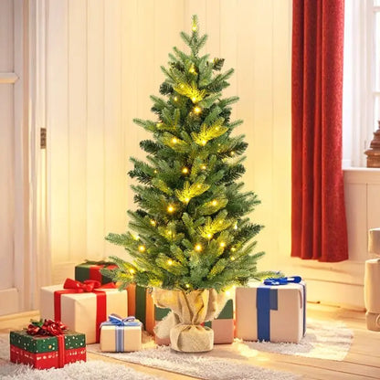 Mini 3-Foot Pre-Lit Artificial Christmas Tree with Burlap Base for Tabletop Xmas Decorations