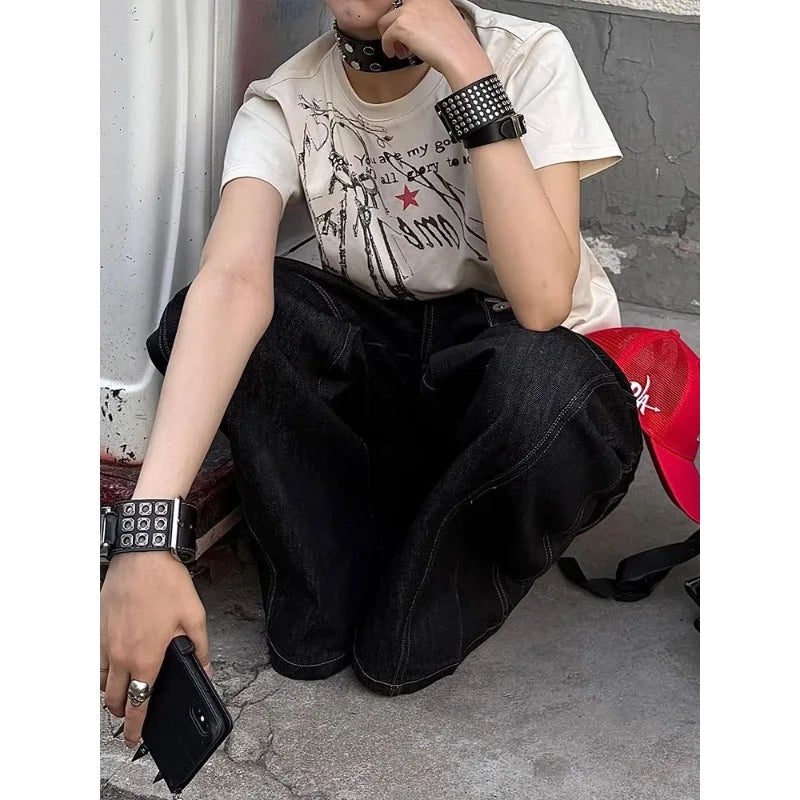 Black Gothic Y2k Emo Baggy Jeans Women Vintage Japanese 2000s Style Denim Trouser Harajuku Grunge Jeans Pants Oversize Clothes