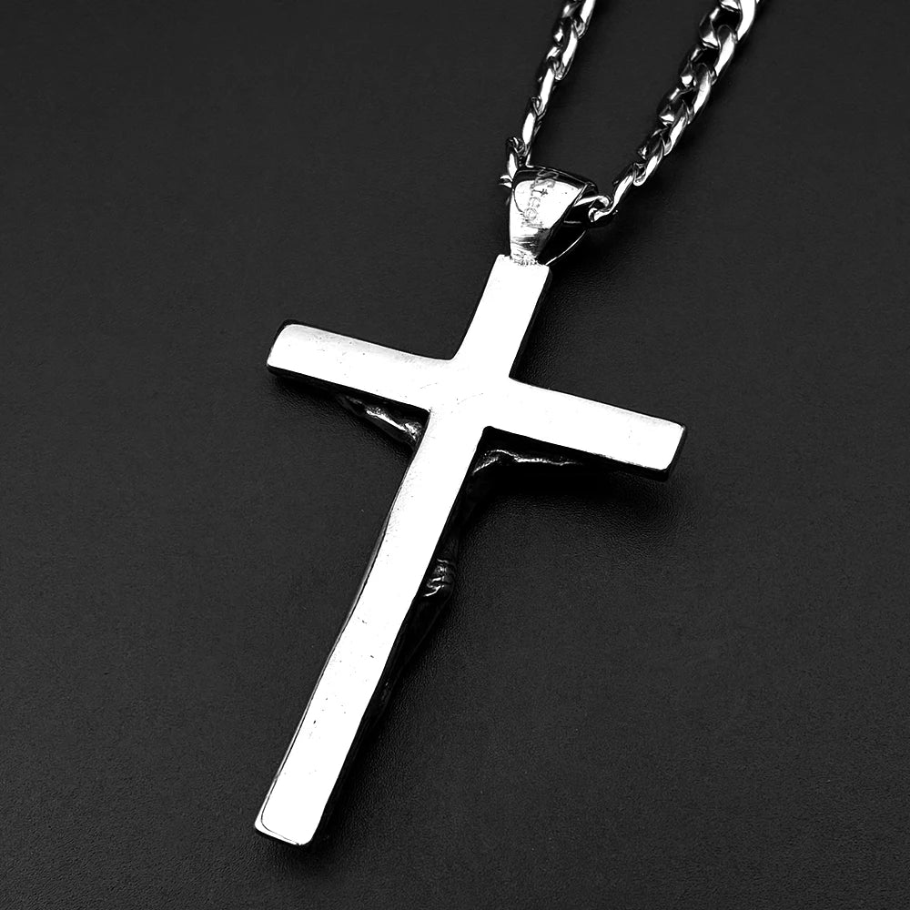 Stainless Steel Christian Jesus Cross Crucifix Pendants Necklaces for Men Women Silver Color Chain Necklaces Jewelry Gift
