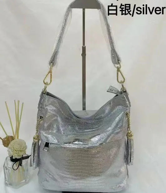 100% Genuine Leather Women's Shoulder Handbags Shiny Embossed Lady Suede Cowhide Real Leather Bags New Cross Body Bucket Bag