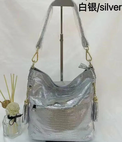 100% Genuine Leather Women's Shoulder Handbags Shiny Embossed Lady Suede Cowhide Real Leather Bags New Cross Body Bucket Bag