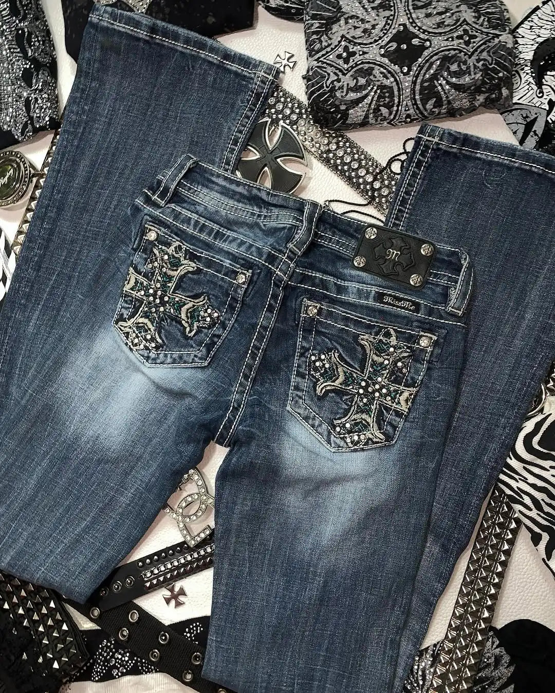 Y2k Retro Gothic High Waited Jeans Hot Diamond Embroidery Pattern Blue Jeans Woman Hip Micro Horn Baggy Jeans Street Clothing