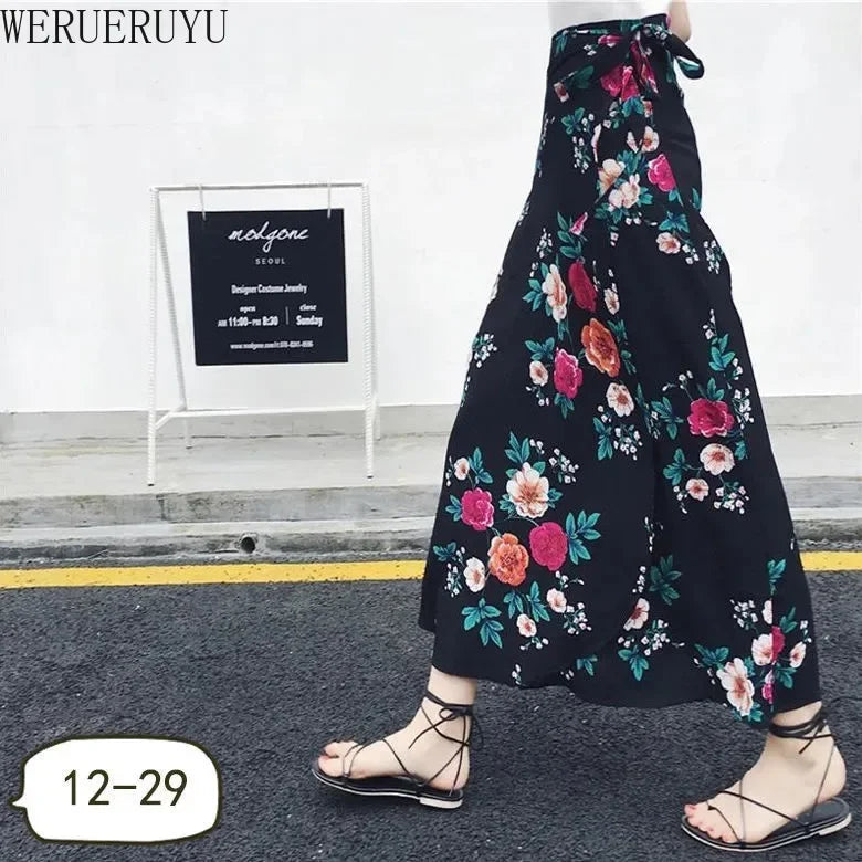 WERUERUYU Wrap Skirts Women Casual Chiffon Tie-Waist Ruffle Wide Leg Loose