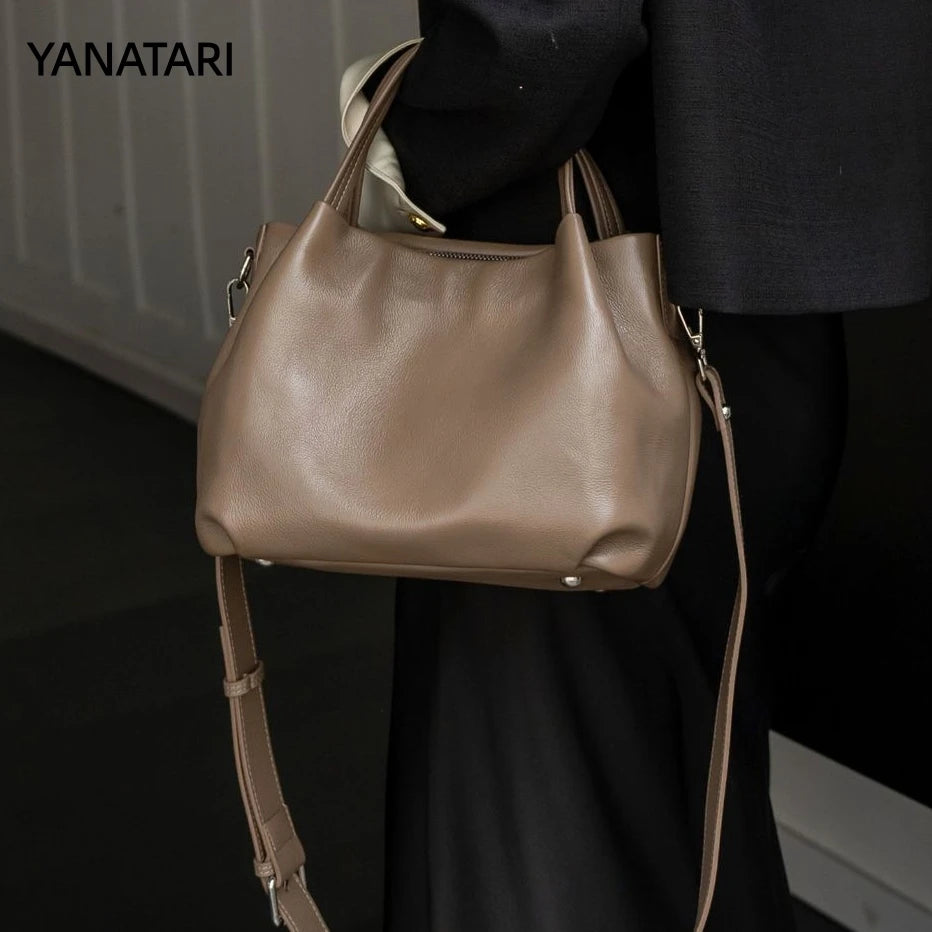 YANATARI Cowhide Genuine Leather Handbags Women Vintage Shoulder Bag Bucket Bag Soft Leather Luxury High Quality Crossbody Bag
