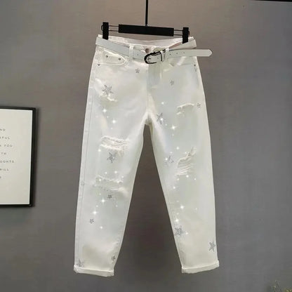 White Jeans Women's Spring Summer 2025 New Loose Star Studded Hot Stamping perforated Chimney Pants Female Casual Denim Trousers
