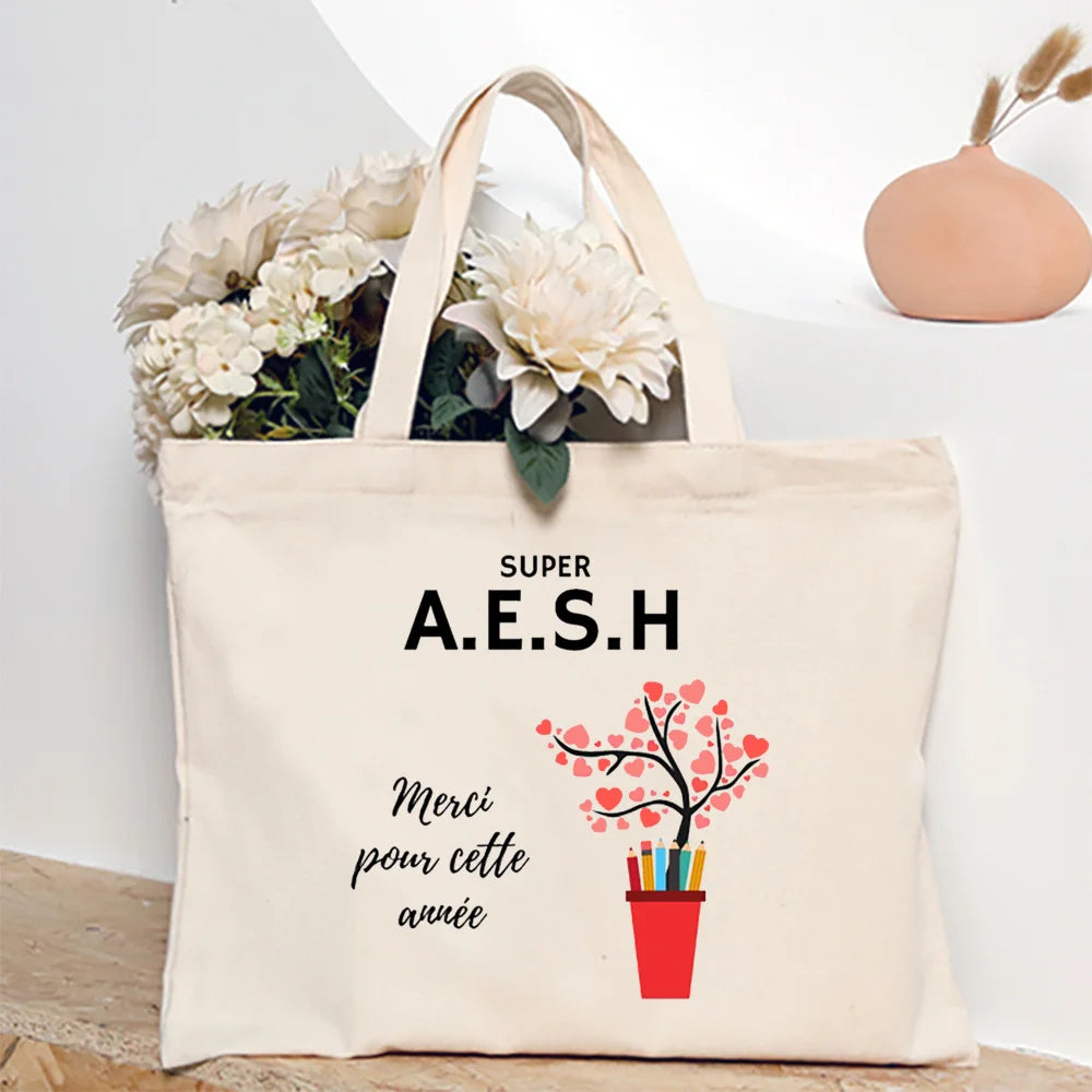 Merci Aesh French Printed Women Tote Bag Canvas Shopping Bags Female Shoudler Bag  Travel Handbag Graduate Thanks Gift for Aesh