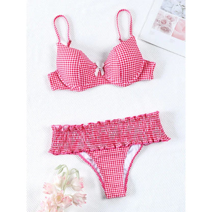 Miyouj Bow Bikinis 2026 Biquin Pleated Swimsuit Women Plaid Print Bikini Set Sexy Swimwear Push Up Beachwear Low Waist Bath Suit
