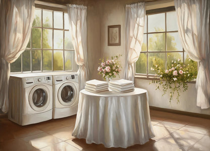 Classic Oil Painting Laundry Room with Clothes Hanging Poster Canvas Art Painting Printing Home Room Wall Pictures Decor Gift