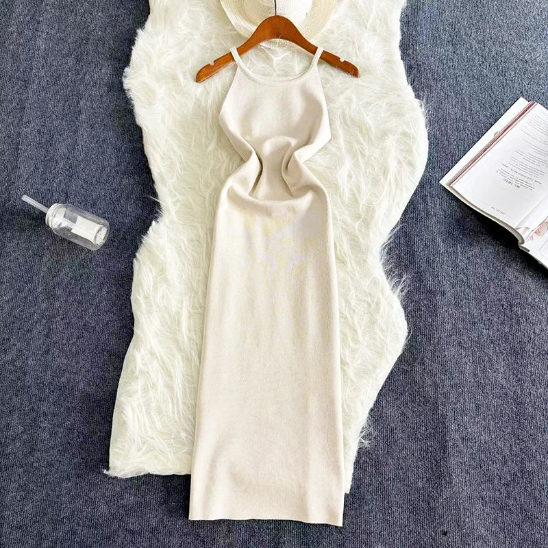 Sexy Summer Knit Strap Dress Women Halter Elatic Waist Bodycon Sundress Female Beach Solid Maxi Long Dress