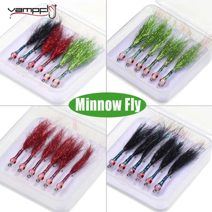 6pcs Luminous 3D Fish Eye Epoxy Minnow Streamer Fly Stainless Steel Hook Ice Dubbing Tail Saltwater Fishing Trout Bass Lure Bait