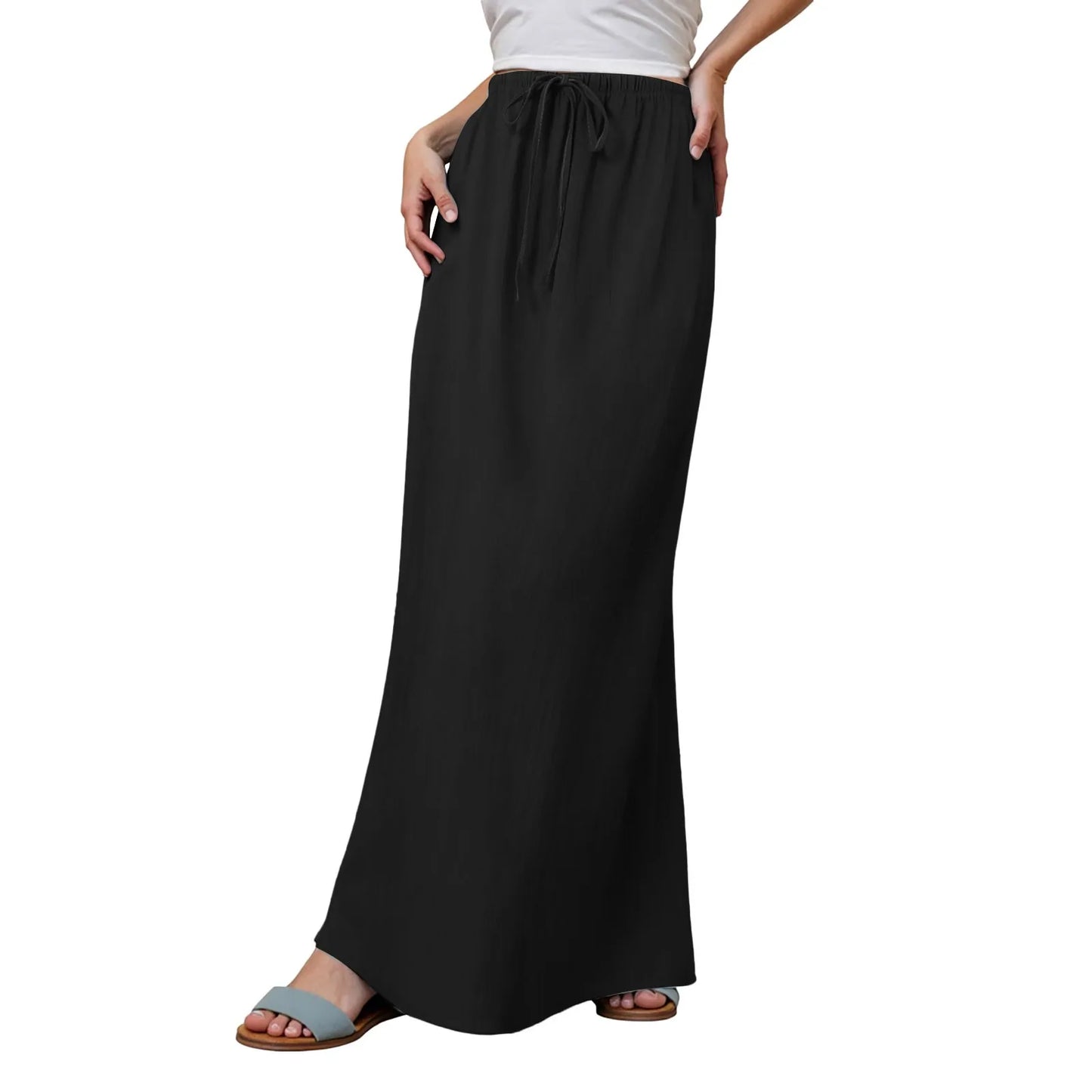 Women Summer Cotton Linen A Line Skirts Elastic Waist Drawstring Comfy Trendy Long Skirt Boho Beach Vacation Long Skirt