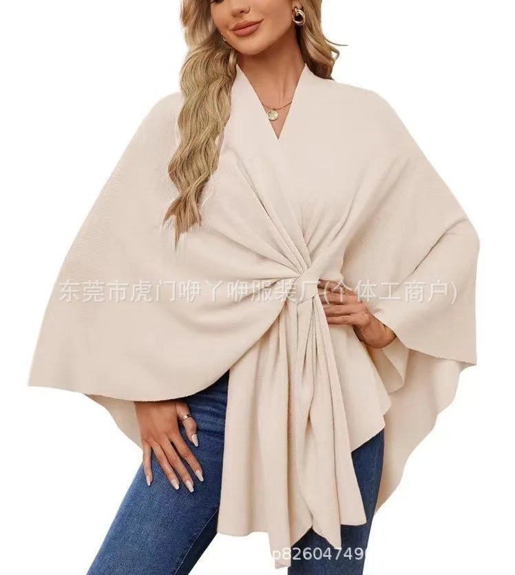 Women's Trendy Autumn And Winter Loose V-Neck Shawl Cape Elegant Shawl Wraps Casual Solid Color Soft Open Front Poncho bat shirt
