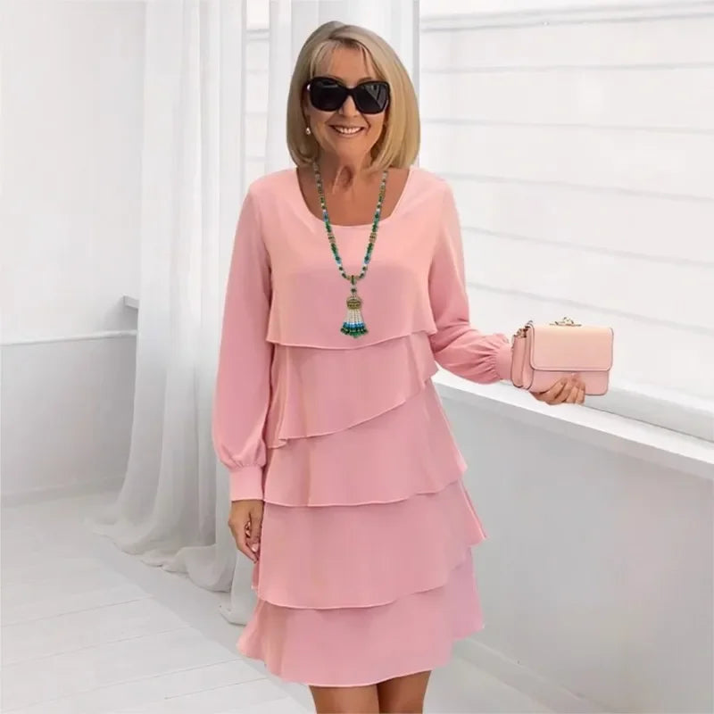 Autumn Women's Cake Chiffon Dress New Casual Elegant O-Neck Party Irregular Layered Long Sleeve Fashion Mini Dresses For Women
