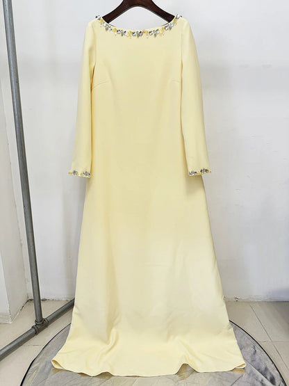 Modphy Loose Solid Crystal Bead Elegant Chic Dresses For Women Round Neck Long Sleeve Solid Long Maxi Dress Female
