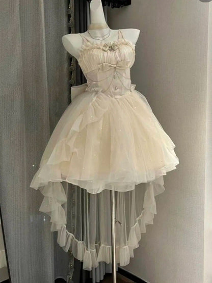 Summer Korean Version of White Moonlight First Love Exquisite and Western-style Waist Slimming Slim Shimmering Tail Dress