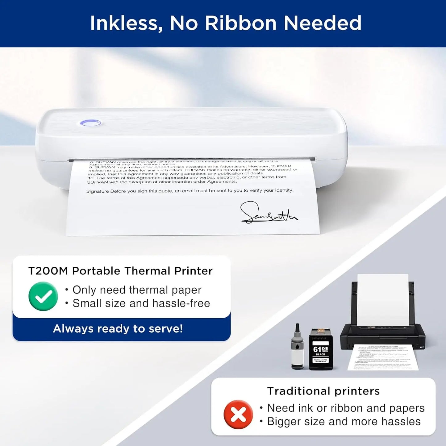 Portable Small Wireless Printer, Supports 8.5" x 11" US Letter and A4 Thermal Paper, Compatible with iOS Android and Laptops