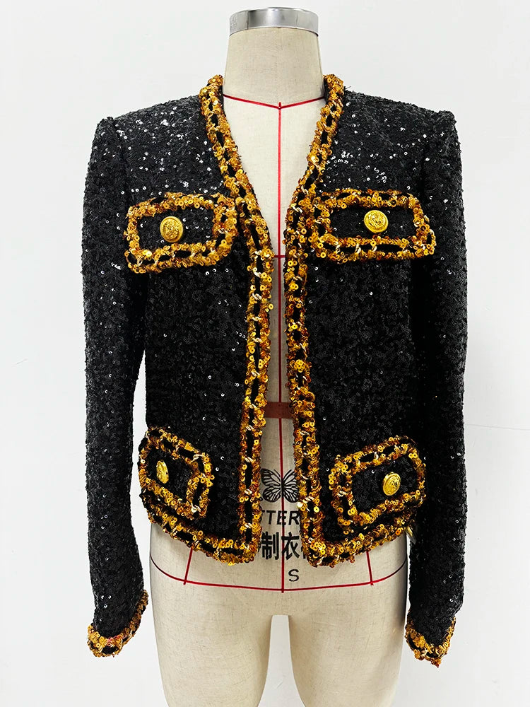 HIGH STREET Newest Fashion 2024 Designer Women's Gold Chains Sequined  Jacket
