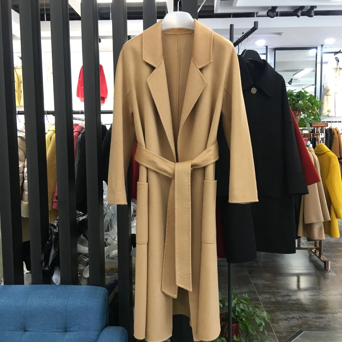 2023 Korean Women Handmade Corrugated Water Ripples Coat Double-sided Cashmere Wool Long Woolen Jacket Cashmere Coat Outerwear