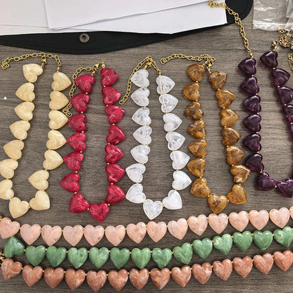Big Love Heart Necklace Women Choker Statement Bracelet Gold Color Acrylic Beads Stainless Steel PVD Waterproof White Beige Red