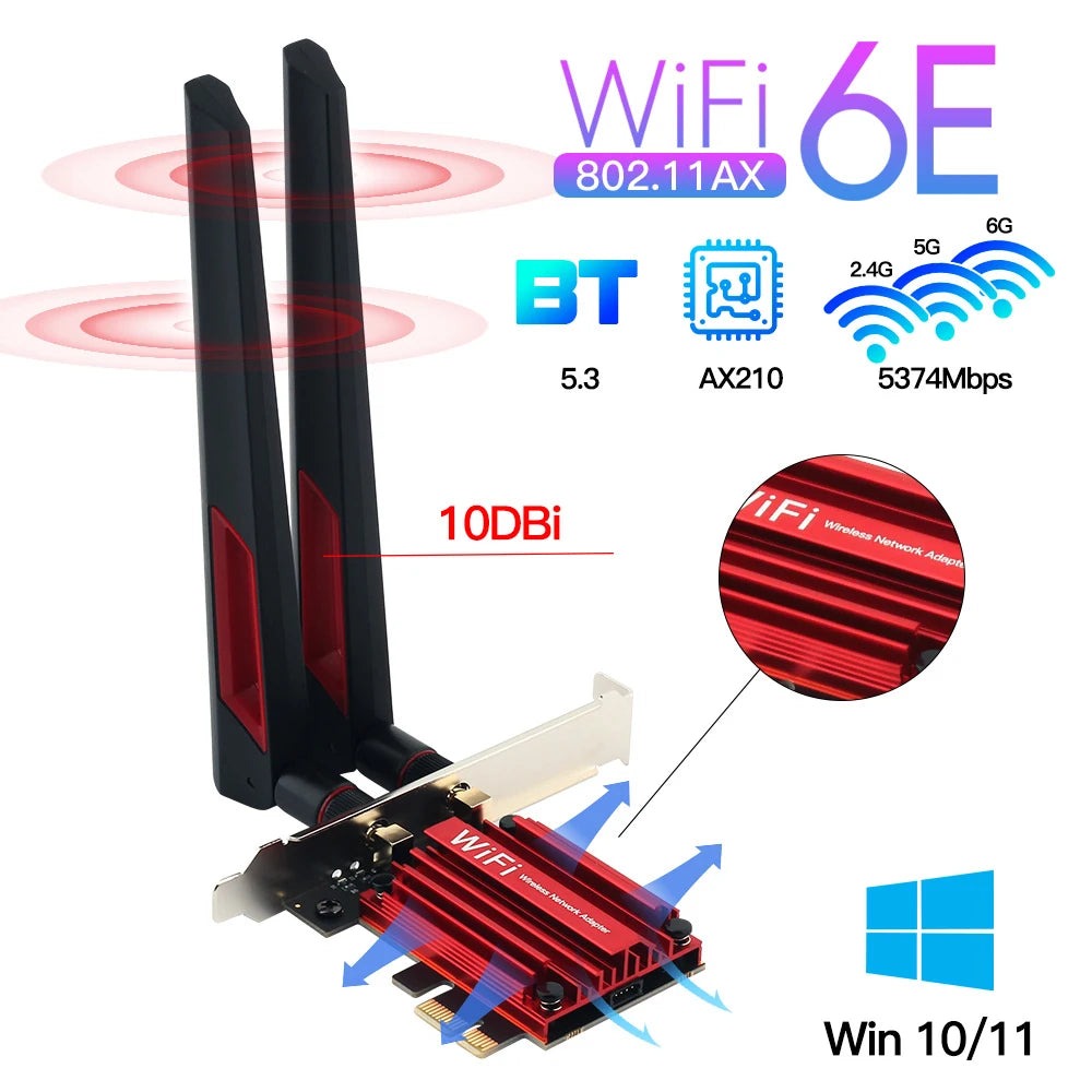 WiFi 6E 5374Mbps AX210 PCIE WIFI Adapter Wireless Bluetooth 5.3 802.11AX Network Card Powerful 10dbi Antenna For Win 10/11