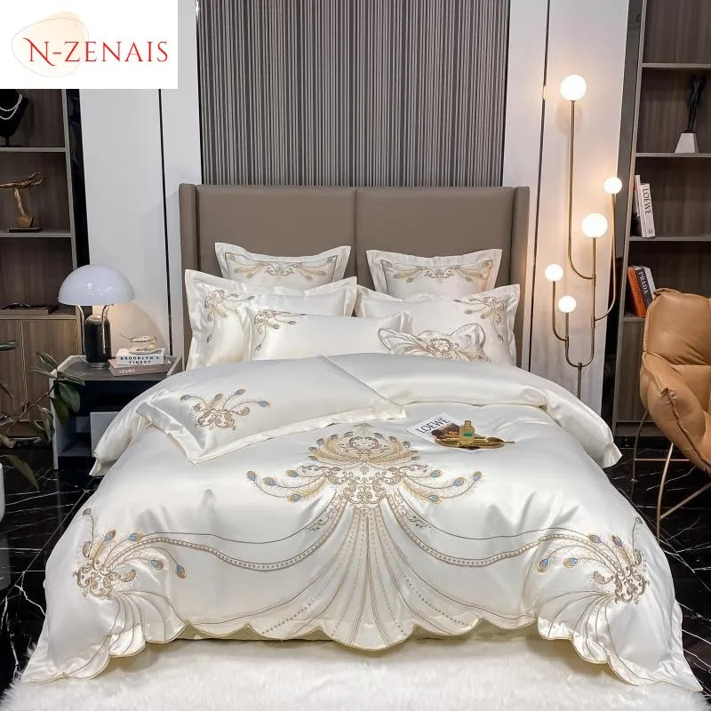 4/6Pcs White Gray Sateen Gold Embroidery Luxury Satin Cotton Bedding set Double Queen King Comforter Cover Bed Sheet Pillowcases