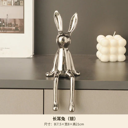 1PCS Ceramic Long-Eared Sitting Rabbit Room Ornaments Statue Luxury Home Decoration Accessories High-End Home Art Aesthetics