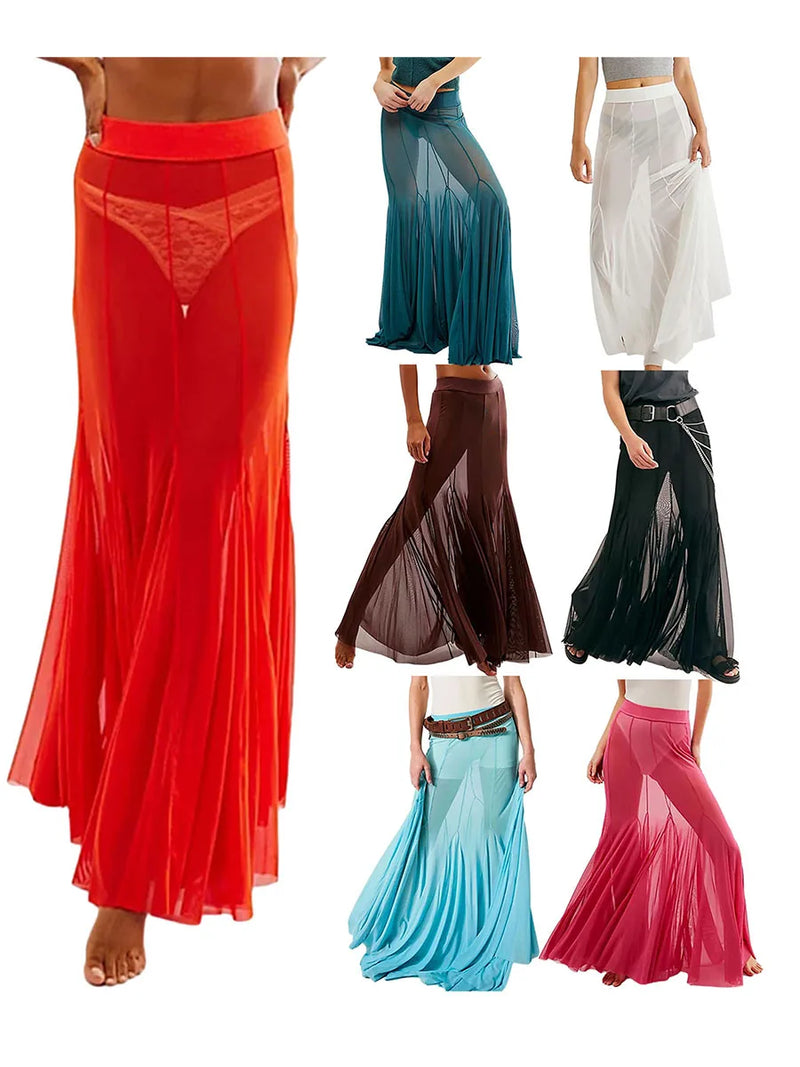 Sexy See Through Sheer Mesh Long Skirts Elastic High Waist Ruffle Hem Flowy Skirts Party A-line Midi Skirts Women Casual Clothes
