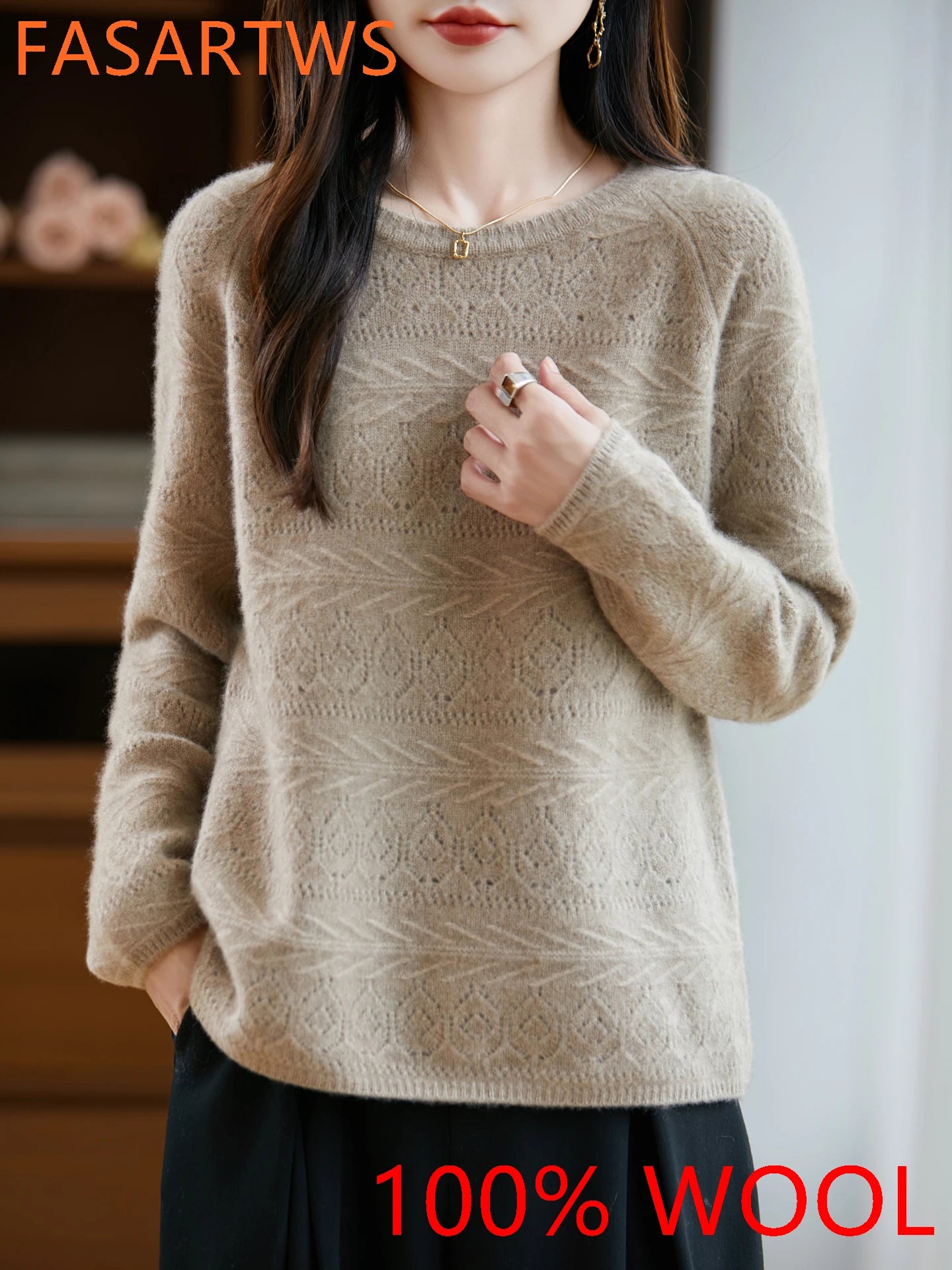 New Arrival Women's Hollow Out 100% Wool Knitted Sweater Round Neck Long Sleeve Slim Fit Breathable Pullover Versatile Daily Top