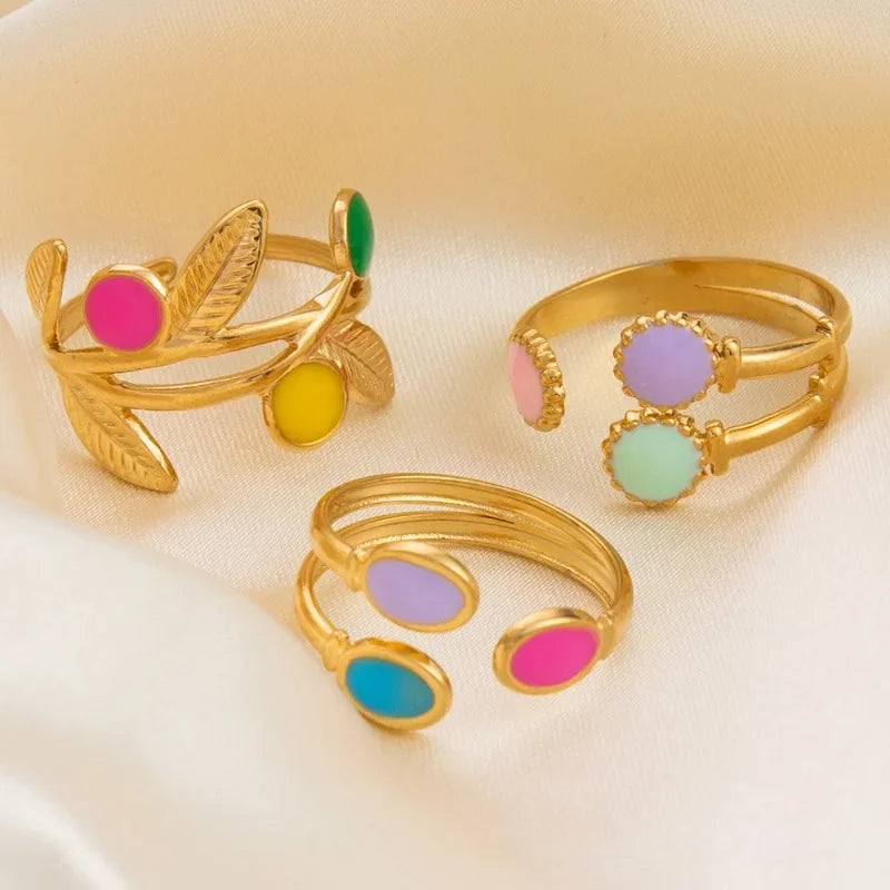 Boho Enamel Geometric Leaf Sunflower Open Rings Gold Plated Stainless Steel Rings For Women Aesthetic Couple Party Jewelry Gifts