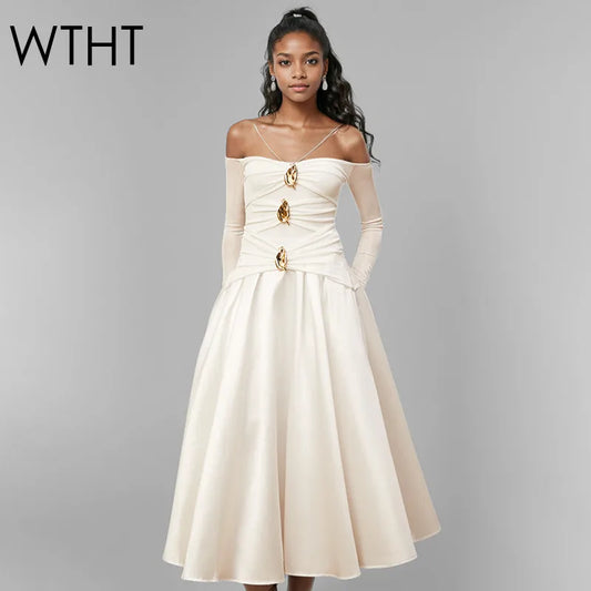 WTHT New Fashion Women Metal Buckle Design Sling Long Sleeves Dress 2025 Spring Off-shoulder A-line Party Dresses Female 1LS953