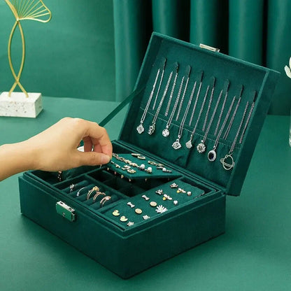 Pink Green 2-Layer Flannel Jewelry Organizer Box Necklaces Earrings Rings Display Holder Case for Women Large Capacity With Lock