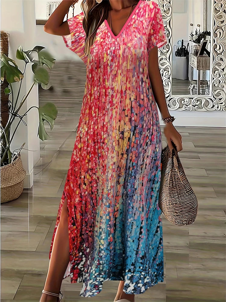 Simple Fashion Women's V-neck Dress Striped Print Women's Dress Summer Loose Comfortable Slit Women's Short-sleeved Dress