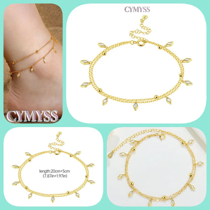 Original Anklets for Women 925 Sterling Silver Exquisite 2 Layer Zircon Chain Anklet Gold Color Ideal Summer Beach Jewelry Gift