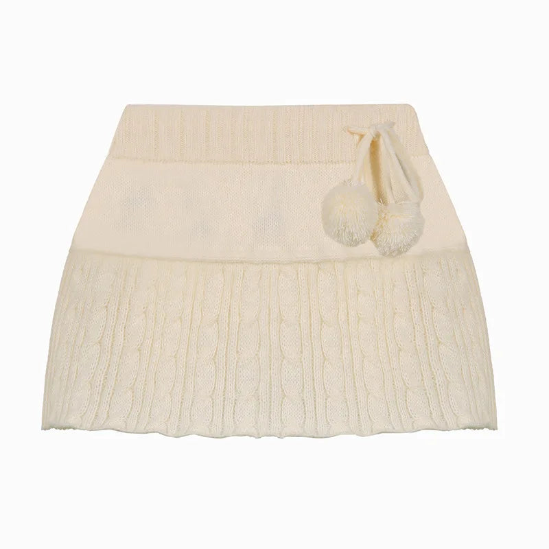 Women's Knitted Mini Skirt with Pom Pom Cable-knit Sweater Skirts Miniskirt Y2K Soft Girl Christmas Outfit