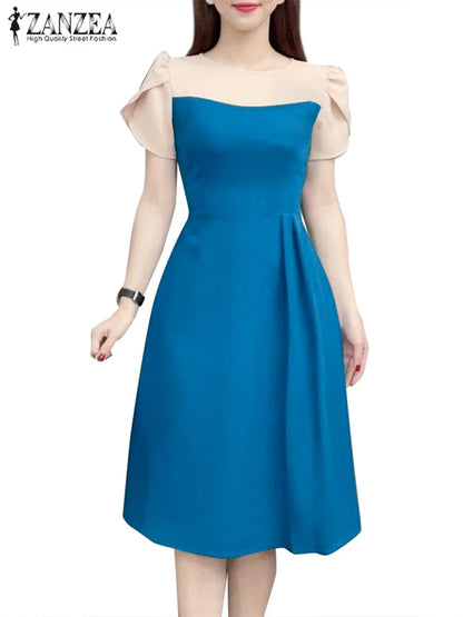 ZANZEA Elegant Women Waist Dress 2024 Summer Patchwork Round Neck Vestidos Fashion Petal Short Sleeves Dress Vintage Office Robe