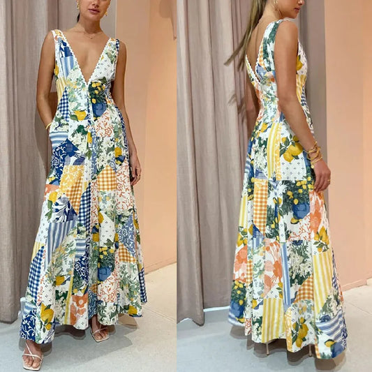 Printed Sexy Deep V-neck Dresses Women Sleeveless Fashion Chic Lady A-line Dress Beach Vacation Style Vestidos Spring Summer New
