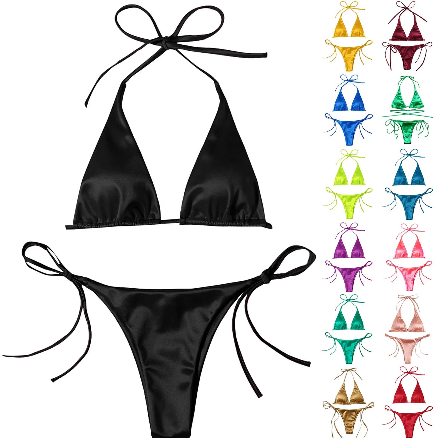 Brazilian Bikini Set Women Halter Neck Triangle Cup Swimwear Low Waist Satin Bandage Bikini Swimwear Summer Beach Bathing Suit