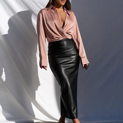Women's Faux Leather Skirt Hip Wrapped Skirt Elegant High Waist Slim Fit Hip Office Lady Midi Skirts A-Line Fashion Casual Skirt