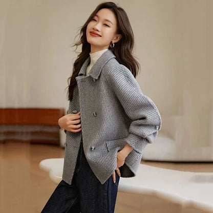 2024 Autumn Winter Women's Woolen Coats New Fashion Korean Solid Short Outerwear Loose Double Breasted Woolen Jacket Female Tops