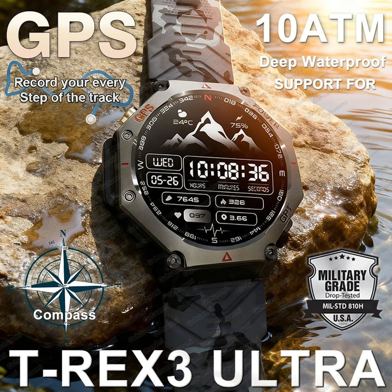 T-Rex 3 Ultra Military Grade GPS Smart Watch 10ATM Waterproof Compass Altimeter Barometric AMOLED Men HD Call Sports Smartwatch