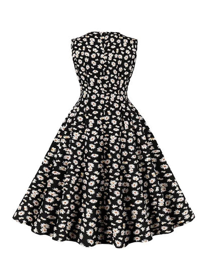 Floral Print Summer Dress Women Elegant Retro Sleeveless Vacation Beach Dress 50S Party Vestidos