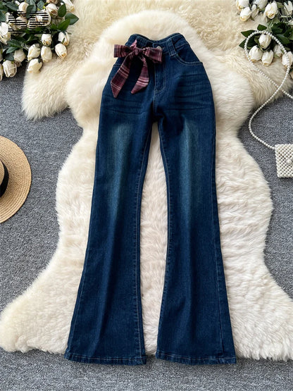 SINGREINY 2025 American Retro Flare Jeans Ladies Zipper Bow Design Slim Chic Trousers Women Autumn Senior Vintage Long Pants