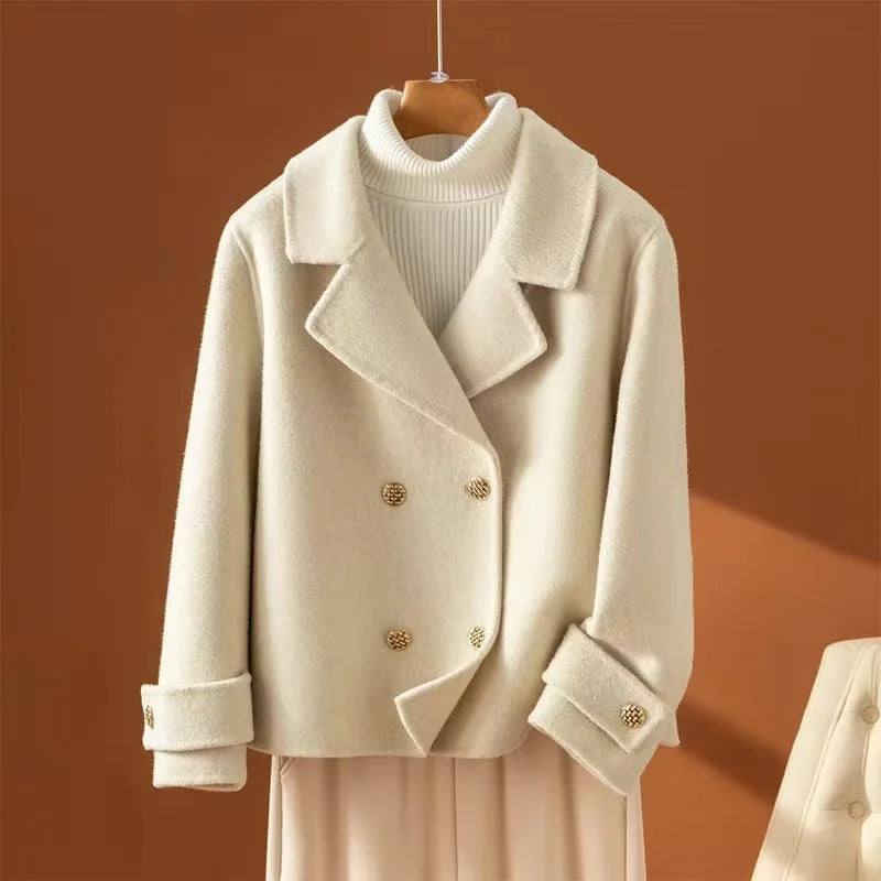 Autumn and Winter Double-Sided Woolen Women's Coat Short Long Sleeve 100% Wool Woolen Doll Collar 2025 New Woolen Coat
