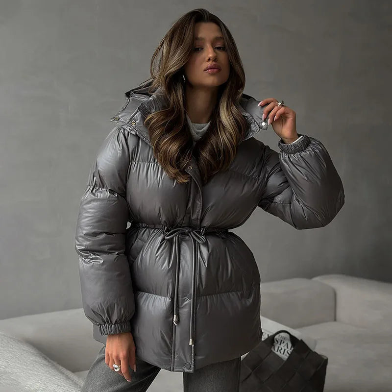 Winter Warm Hooded Cotton Jacket Women Fashion Standneck Zipper Long Sleeves Oversize Coats 2025 Female Chic Casual Outerwear