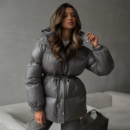 Winter Warm Hooded Cotton Jacket Women Fashion Standneck Zipper Long Sleeves Oversize Coats 2025 Female Chic Casual Outerwear