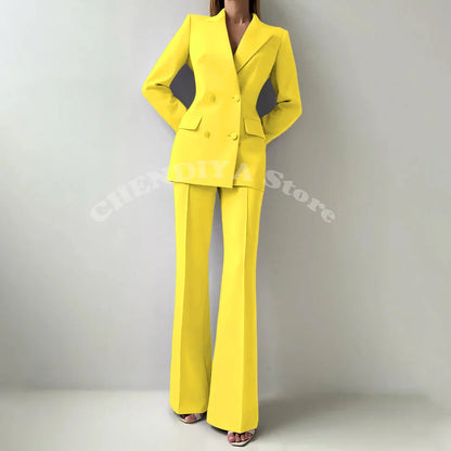 Women Suits Sets 2 Piece Elegant Peak Lapel Double Breasted Outfits Fashion Daily Casual Chic Female Suit (Jacket+Pants)