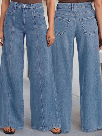 "Women’s Deep Blue Wide Leg Jeans - Stylish Denim Trousers for Comfort and Versatility